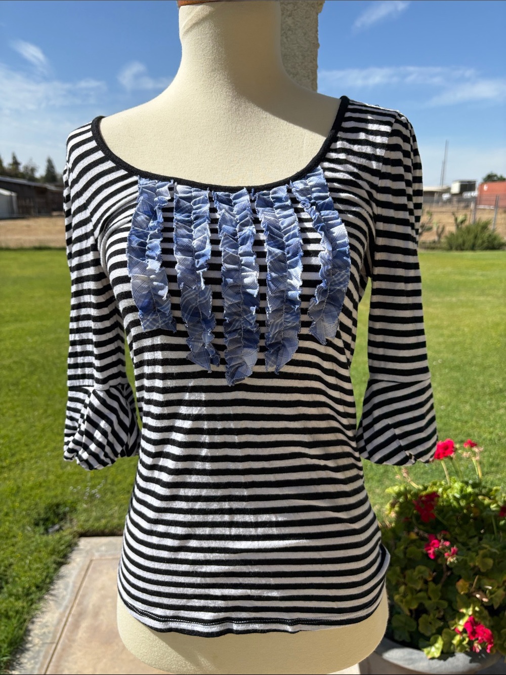 LITTLE YELLOW BUTTON Black & White Striped Scoop Neck Top with Blue Ruffle